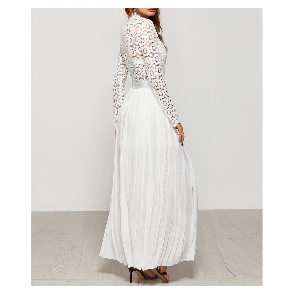 White Embroidered Top Pleated Maxi Dress - Picture 4 of 5